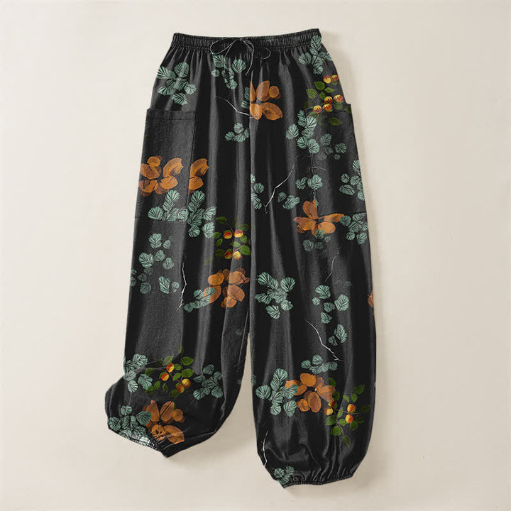 Buddha Stones Pantaloni harem da donna in cotone con elastico in vita e motivo floreale botanico in stile bohémien, con tasche laterali. - image 3