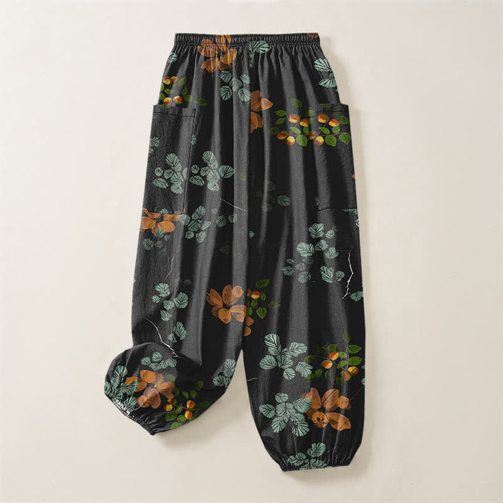 Buddha Stones Pantaloni harem da donna in cotone con elastico in vita e motivo floreale botanico in stile bohémien, con tasche laterali. - image 4
