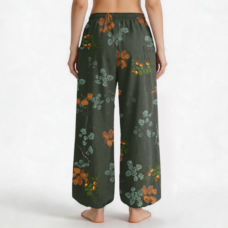 Buddha Stones Pantaloni harem da donna in cotone con elastico in vita e motivo floreale botanico in stile bohémien, con tasche laterali. - image 9
