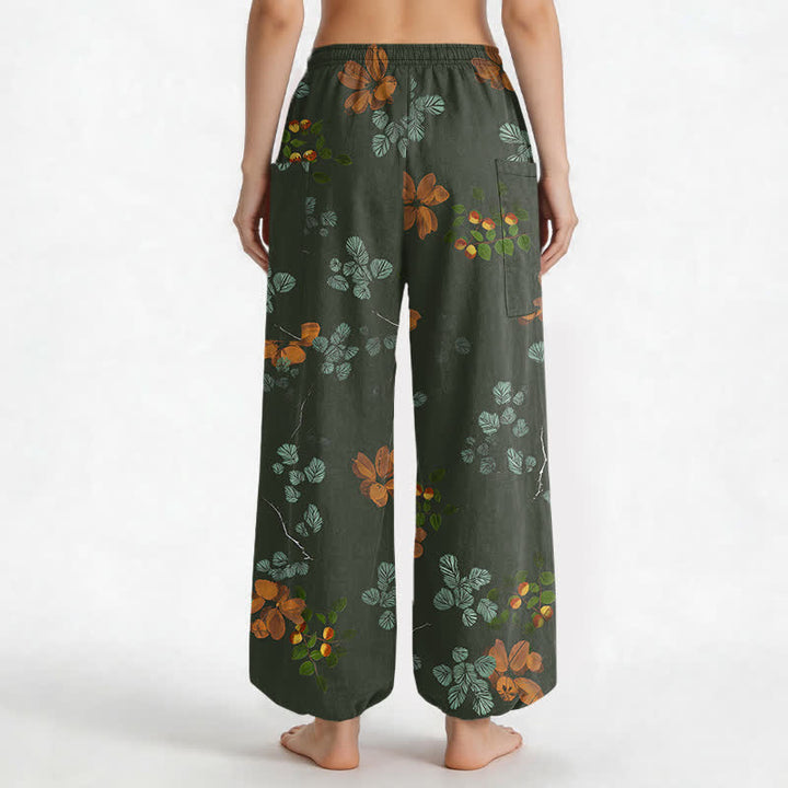 Buddha Stones Pantaloni harem da donna in cotone con elastico in vita e motivo floreale botanico in stile bohémien, con tasche laterali. - image 9