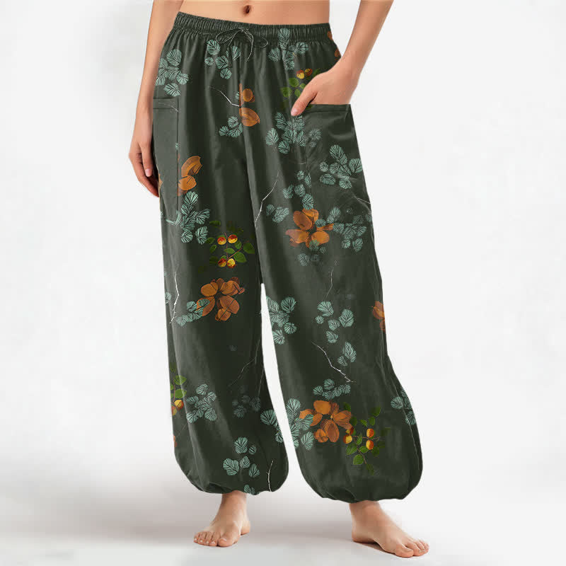 Buddha Stones Pantaloni harem da donna in cotone con elastico in vita e motivo floreale botanico in stile bohémien, con tasche laterali. - Verde oliva scuro - US16, UK/AU20, EU48 (3XL) - image 7