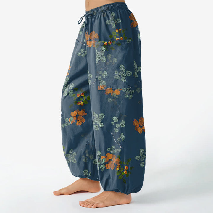 Buddha Stones Pantaloni harem da donna in cotone con elastico in vita e motivo floreale botanico in stile bohémien, con tasche laterali. - image 11