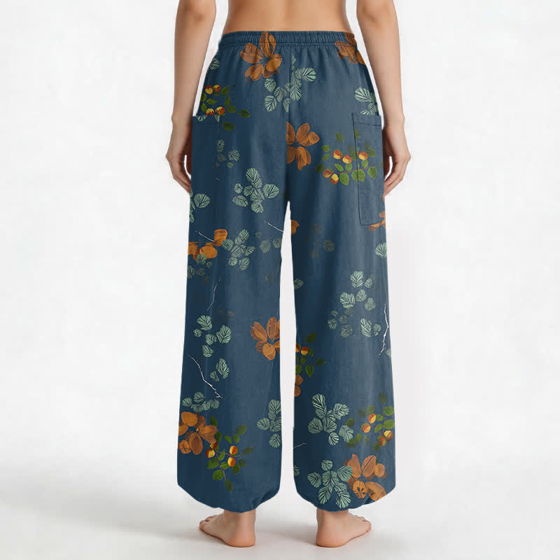 Buddha Stones Pantaloni harem da donna in cotone con elastico in vita e motivo floreale botanico in stile bohémien, con tasche laterali. - image 12