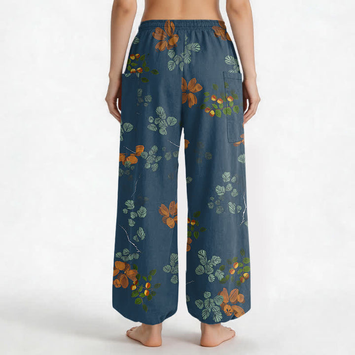 Buddha Stones Pantaloni harem da donna in cotone con elastico in vita e motivo floreale botanico in stile bohémien, con tasche laterali. - image 12