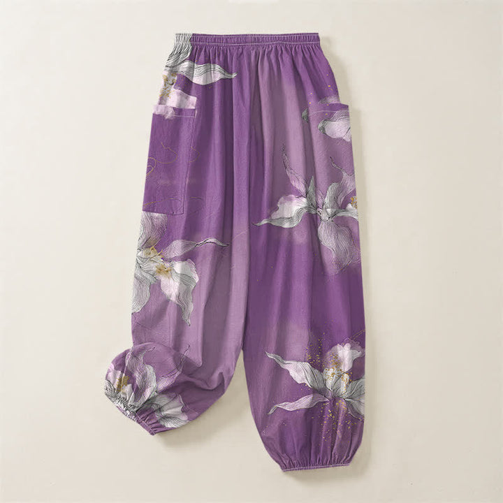Buddha Stones Pantaloni harem da donna in cotone vintage bianco con fantasia floreale e vita elasticizzata, con tasche laterali. - image 4