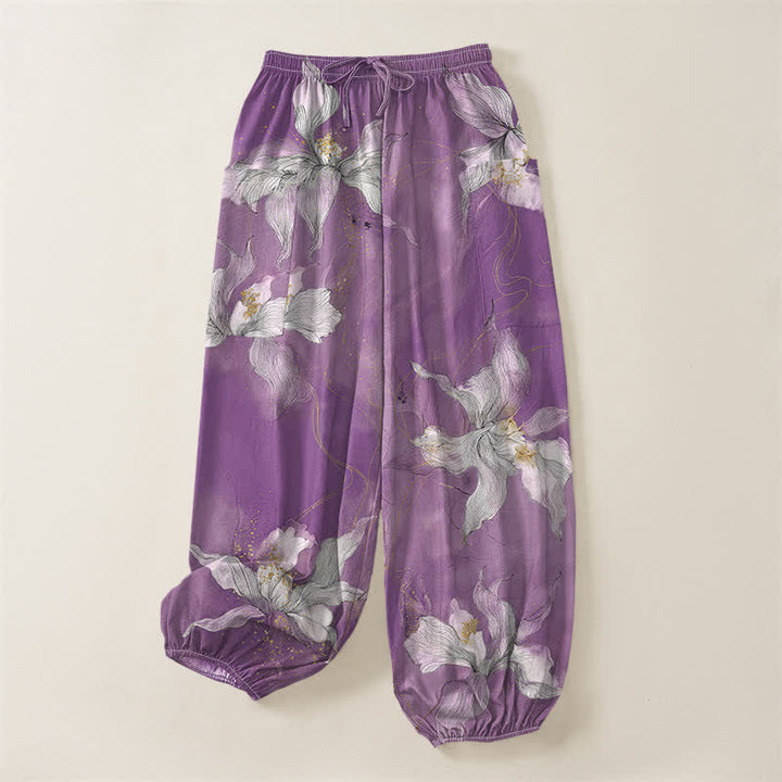 Buddha Stones Pantaloni harem da donna in cotone vintage bianco con fantasia floreale e vita elasticizzata, con tasche laterali. - image 3