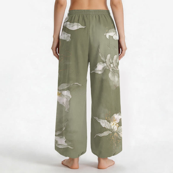Buddha Stones Pantaloni harem da donna in cotone vintage bianco con fantasia floreale e vita elasticizzata, con tasche laterali. - image 12