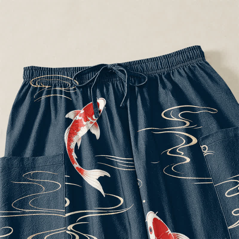 Buddha Stones Pantaloni harem da donna in cotone con elastico in vita e motivo onde marine e carpe koi, con tasche laterali. - image 5