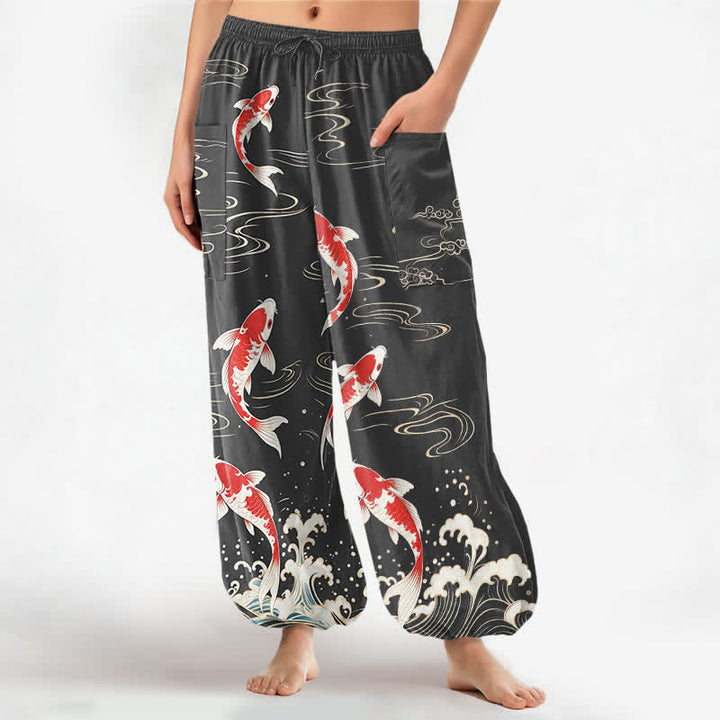 Buddha Stones Pantaloni harem da donna in cotone con elastico in vita e motivo onde marine e carpe koi, con tasche laterali. - Grigio tenue - US16, UK/AU20, EU48 (3XL) - image 7