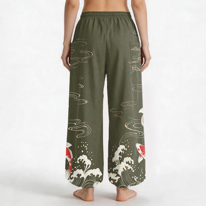 Buddha Stones Pantaloni harem da donna in cotone con elastico in vita e motivo onde marine e carpe koi, con tasche laterali. - image 12