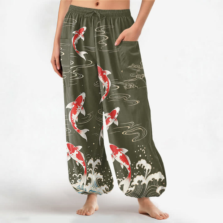 Buddha Stones Pantaloni harem da donna in cotone con elastico in vita e motivo onde marine e carpe koi, con tasche laterali. - Verde oliva - US16, UK/AU20, EU48 (3XL) - image 10
