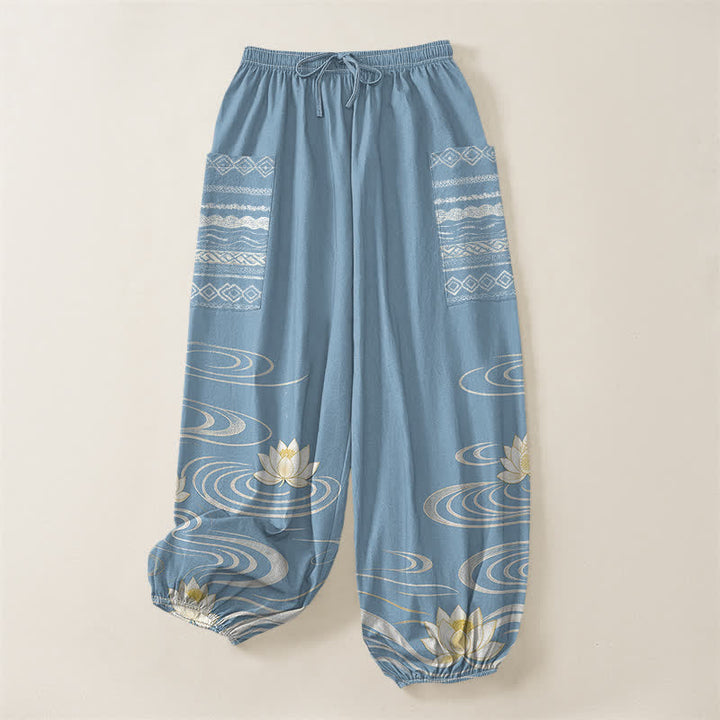 Buddha Stones Pantaloni harem da donna in cotone con motivo a onde di loto e vita elasticizzata, con tasche laterali. - image 3