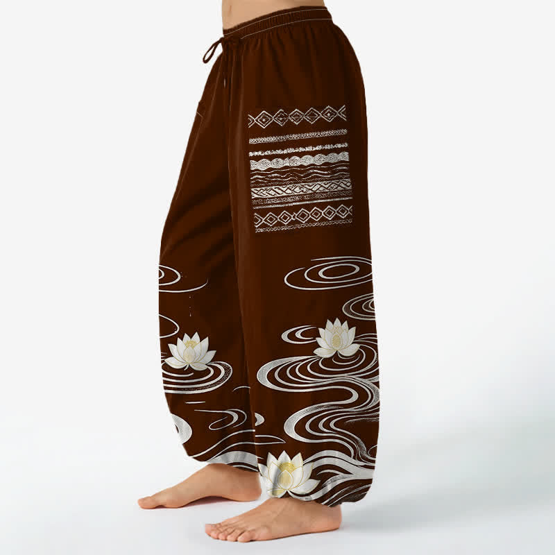 Buddha Stones Pantaloni harem da donna in cotone con motivo a onde di loto e vita elasticizzata, con tasche laterali. - image 8
