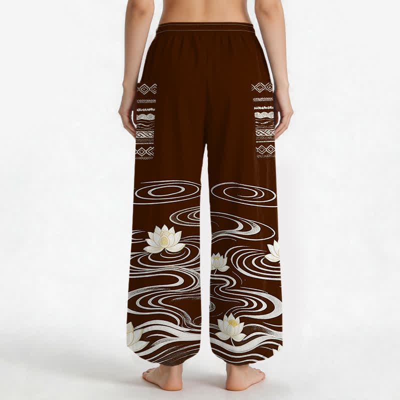 Buddha Stones Pantaloni harem da donna in cotone con motivo a onde di loto e vita elasticizzata, con tasche laterali. - image 9