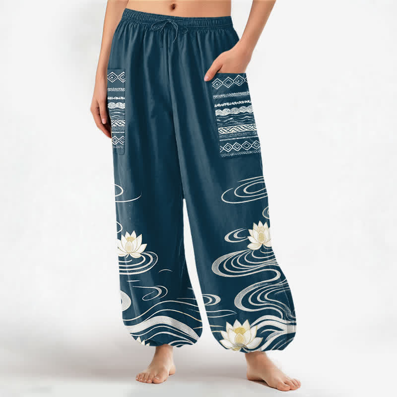 Buddha Stones Pantaloni harem da donna in cotone con motivo a onde di loto e vita elasticizzata, con tasche laterali. - Verde acqua - US16, UK/AU20, EU48 (3XL) - image 10