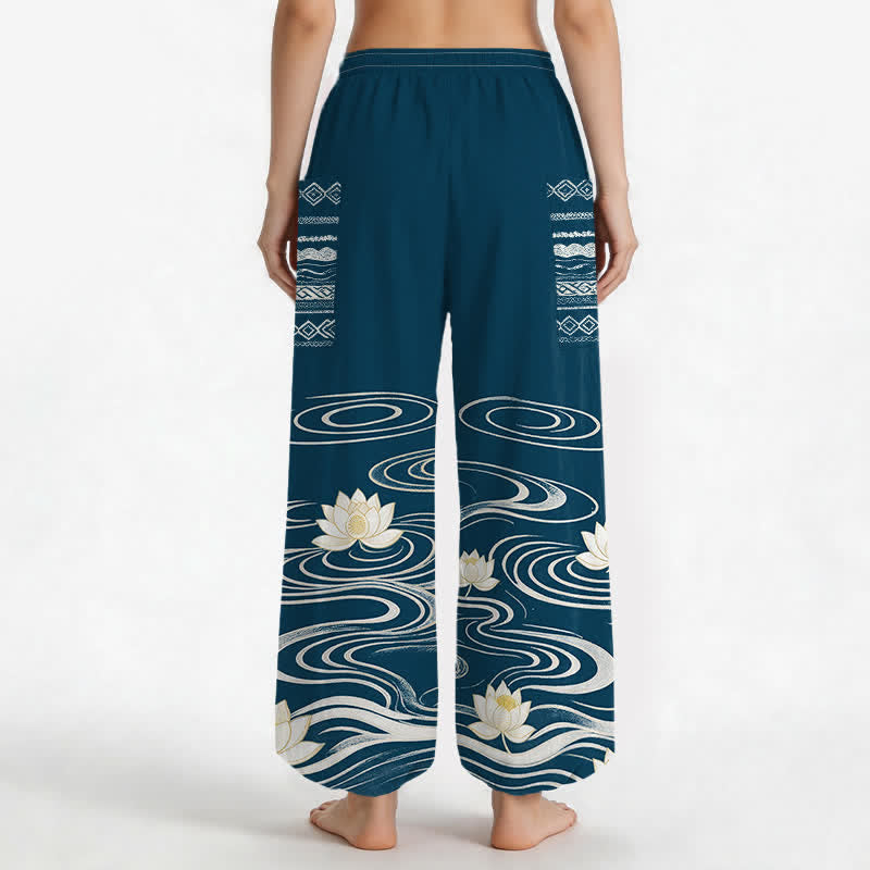 Buddha Stones Pantaloni harem da donna in cotone con motivo a onde di loto e vita elasticizzata, con tasche laterali. - image 12