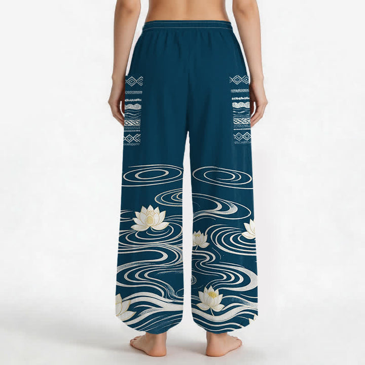 Buddha Stones Pantaloni harem da donna in cotone con motivo a onde di loto e vita elasticizzata, con tasche laterali. - image 12