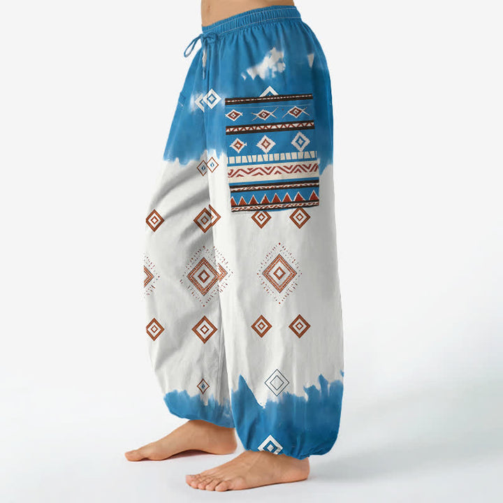Buddha Stones Pantaloni harem da donna in cotone stile bohémien con motivo geometrico a rombi, elastico in vita e tasche laterali. - image 1