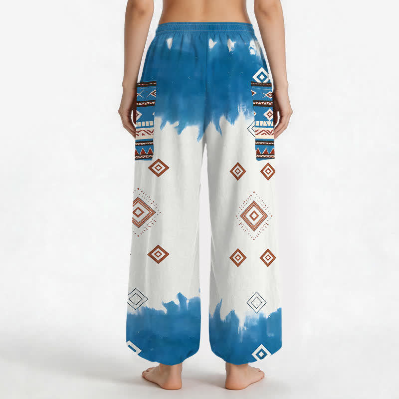 Buddha Stones Pantaloni harem da donna in cotone stile bohémien con motivo geometrico a rombi, elastico in vita e tasche laterali. - image 2