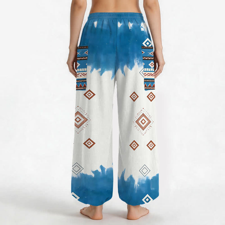 Buddha Stones Pantaloni harem da donna in cotone stile bohémien con motivo geometrico a rombi, elastico in vita e tasche laterali. - image 2