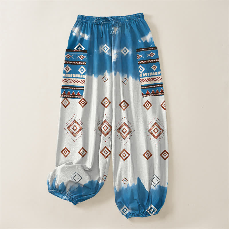 Buddha Stones Pantaloni harem da donna in cotone stile bohémien con motivo geometrico a rombi, elastico in vita e tasche laterali. - image 3