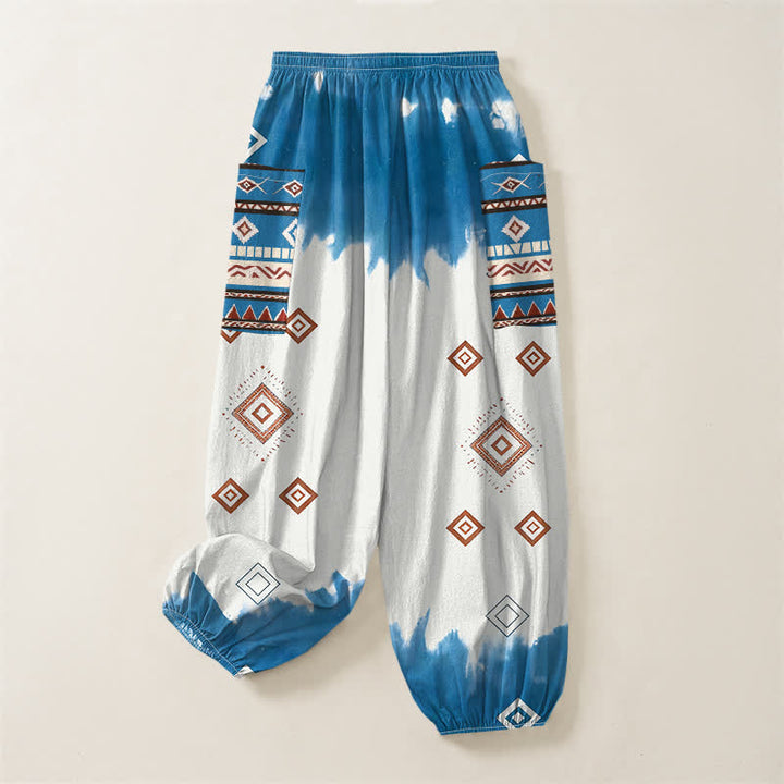 Buddha Stones Pantaloni harem da donna in cotone stile bohémien con motivo geometrico a rombi, elastico in vita e tasche laterali. - image 4