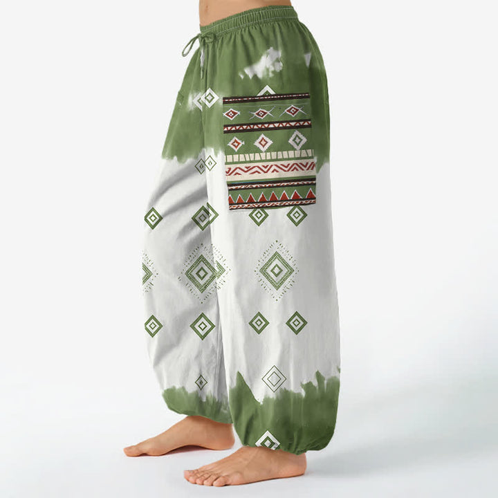 Buddha Stones Pantaloni harem da donna in cotone stile bohémien con motivo geometrico a rombi, elastico in vita e tasche laterali. - image 8