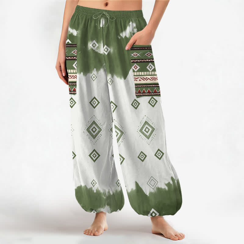 Buddha Stones Pantaloni harem da donna in cotone stile bohémien con motivo geometrico a rombi, elastico in vita e tasche laterali. - Verde oliva - US16, UK/AU20, EU48 (3XL) - image 7