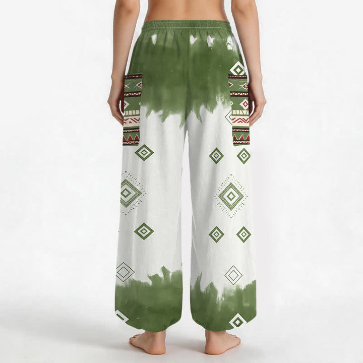 Buddha Stones Pantaloni harem da donna in cotone stile bohémien con motivo geometrico a rombi, elastico in vita e tasche laterali. - image 9