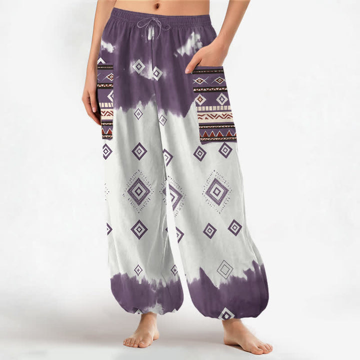 Buddha Stones Pantaloni harem da donna in cotone stile bohémien con motivo geometrico a rombi, elastico in vita e tasche laterali. - Orchidea scura - US16, UK/AU20, EU48 (3XL) - image 10