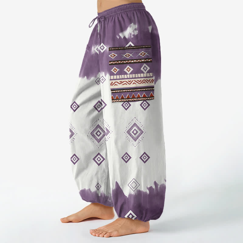Buddha Stones Pantaloni harem da donna in cotone stile bohémien con motivo geometrico a rombi, elastico in vita e tasche laterali. - image 11