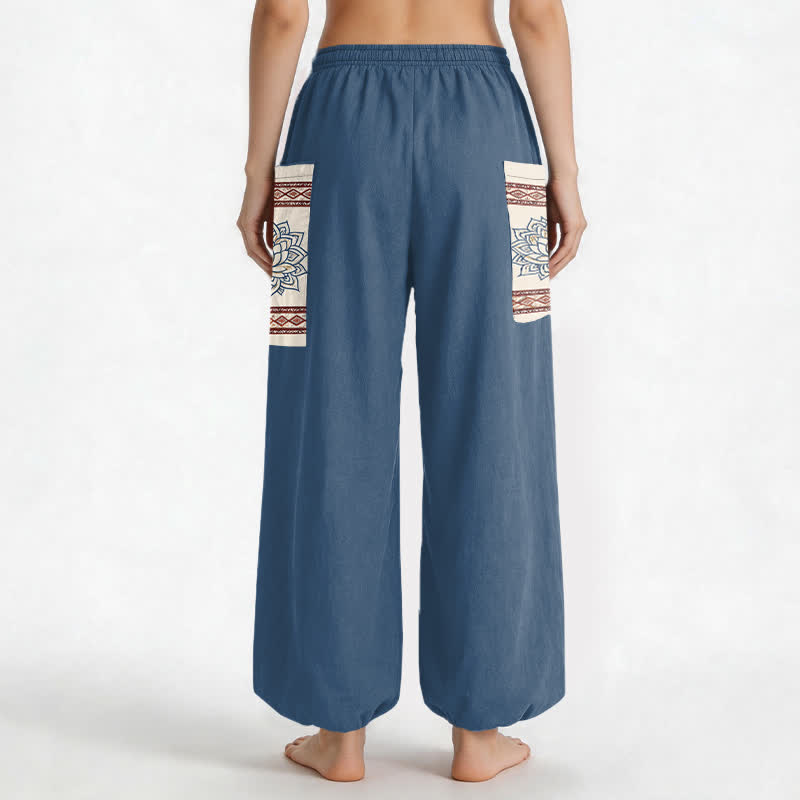 Buddha Stones Pantaloni harem da donna in cotone stile bohémien con motivo mandala di loto e vita elasticizzata, con tasche laterali. - image 2