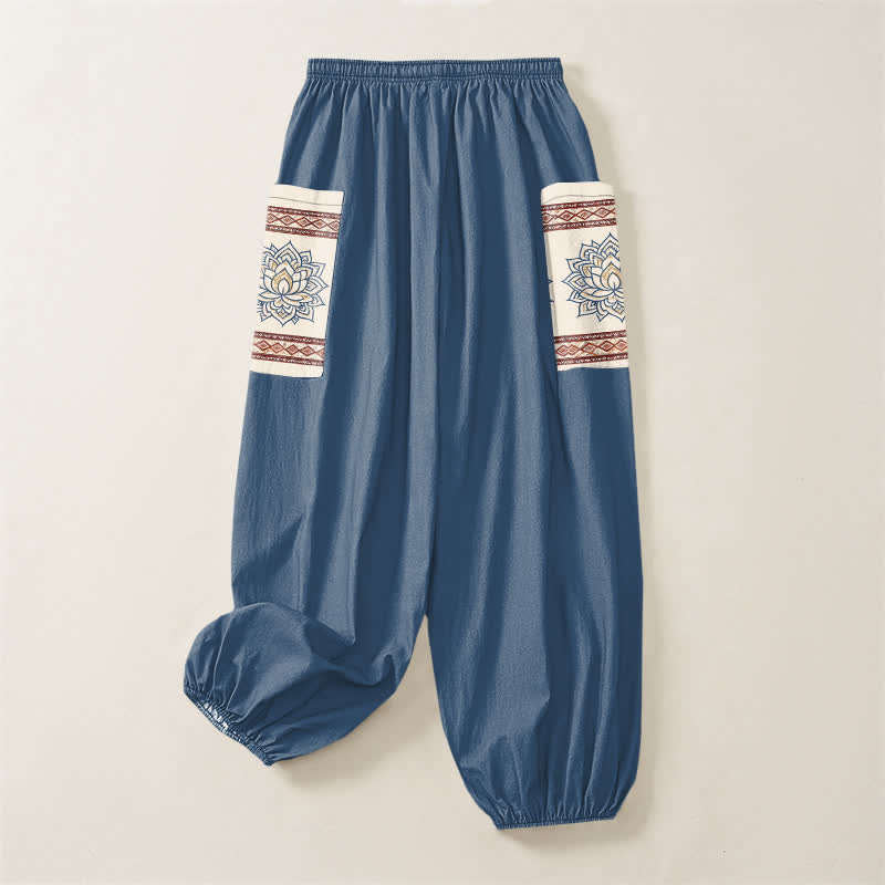 Buddha Stones Pantaloni harem da donna in cotone stile bohémien con motivo mandala di loto e vita elasticizzata, con tasche laterali. - image 4