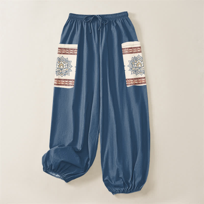Buddha Stones Pantaloni harem da donna in cotone stile bohémien con motivo mandala di loto e vita elasticizzata, con tasche laterali. - image 3