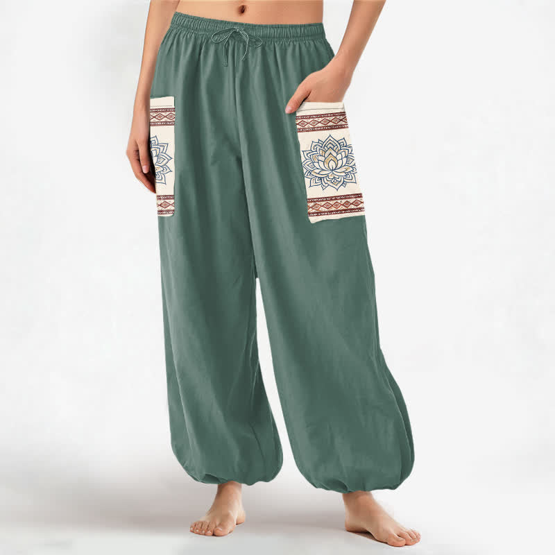 Buddha Stones Pantaloni harem da donna in cotone stile bohémien con motivo mandala di loto e vita elasticizzata, con tasche laterali. - Acquamarina media - US16, UK/AU20, EU48 (3XL) - image 7