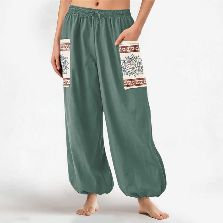 Buddha Stones Pantaloni harem da donna in cotone stile bohémien con motivo mandala di loto e vita elasticizzata, con tasche laterali. - Acquamarina media - US16, UK/AU20, EU48 (3XL) - image 7