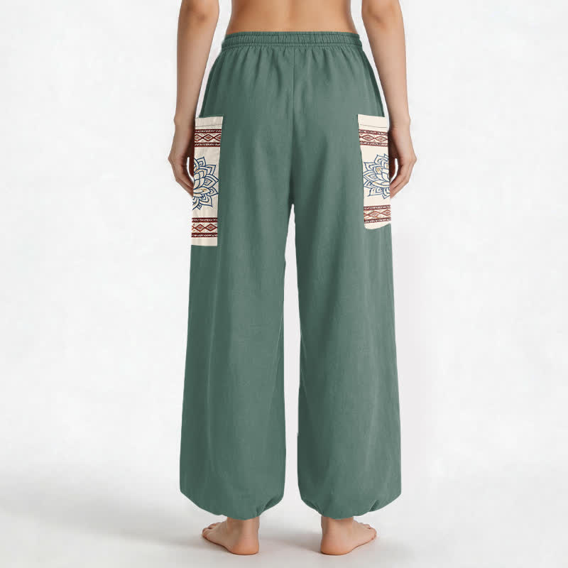 Buddha Stones Pantaloni harem da donna in cotone stile bohémien con motivo mandala di loto e vita elasticizzata, con tasche laterali. - image 9