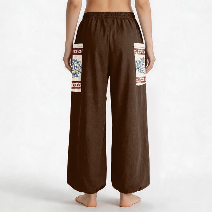 Buddha Stones Pantaloni harem da donna in cotone stile bohémien con motivo mandala di loto e vita elasticizzata, con tasche laterali. - image 12