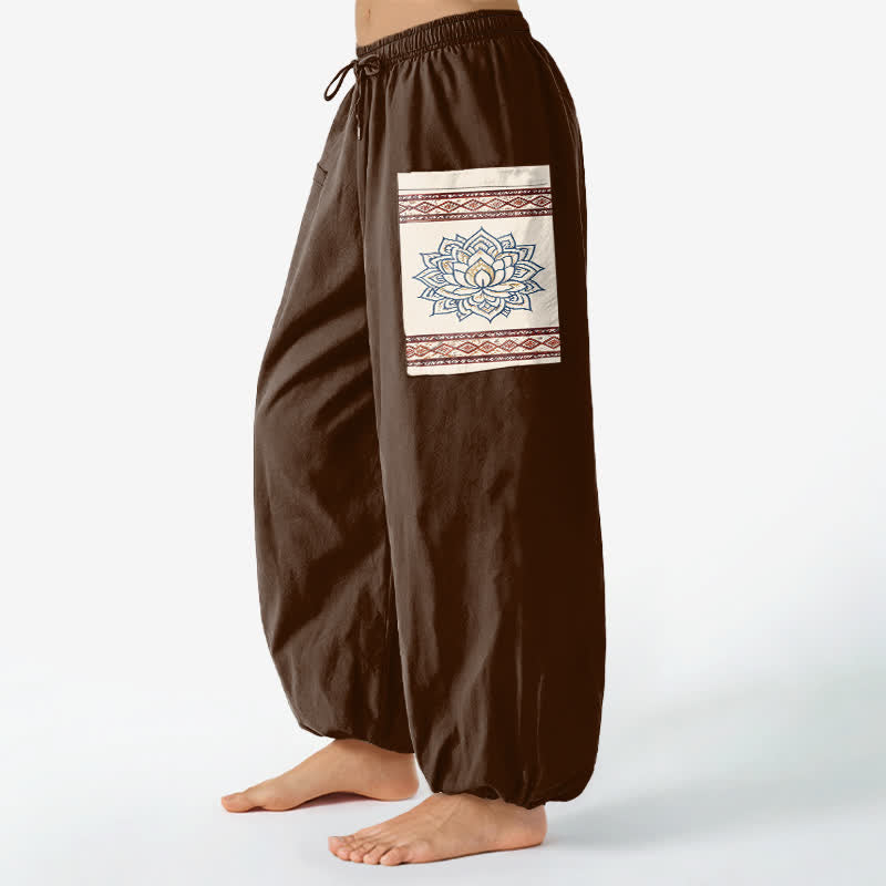 Buddha Stones Pantaloni harem da donna in cotone stile bohémien con motivo mandala di loto e vita elasticizzata, con tasche laterali. - image 11