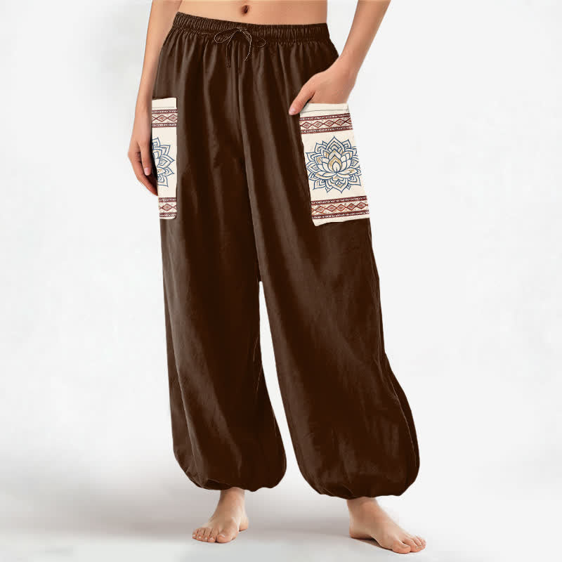 Buddha Stones Pantaloni harem da donna in cotone stile bohémien con motivo mandala di loto e vita elasticizzata, con tasche laterali. - Marrone sella - US16, UK/AU20, EU48 (3XL) - image 10