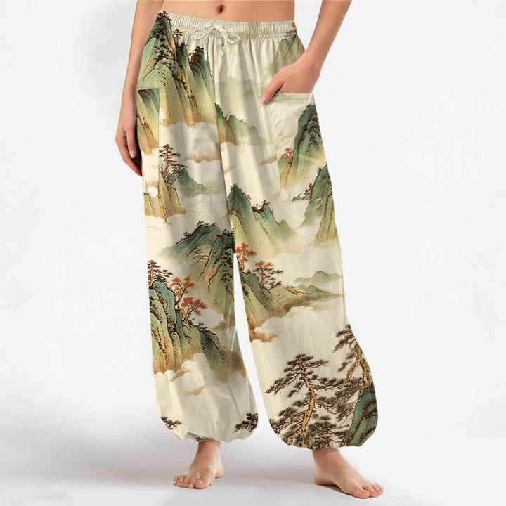 Buddha Stones Pantaloni harem da donna in cotone con elastico in vita e motivo paesaggistico di pini e montagne, con tasche laterali. - Beige - US16, UK/AU20, EU48 (3XL) - image 7