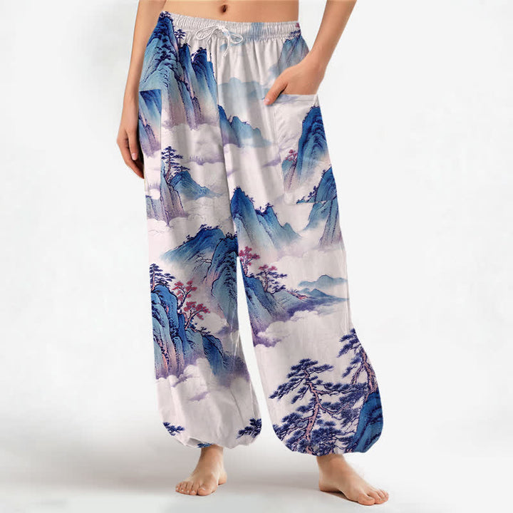 Buddha Stones Pantaloni harem da donna in cotone con elastico in vita e motivo paesaggistico di pini e montagne, con tasche laterali. - Lavanda - US16, UK/AU20, EU48 (3XL) - image 10