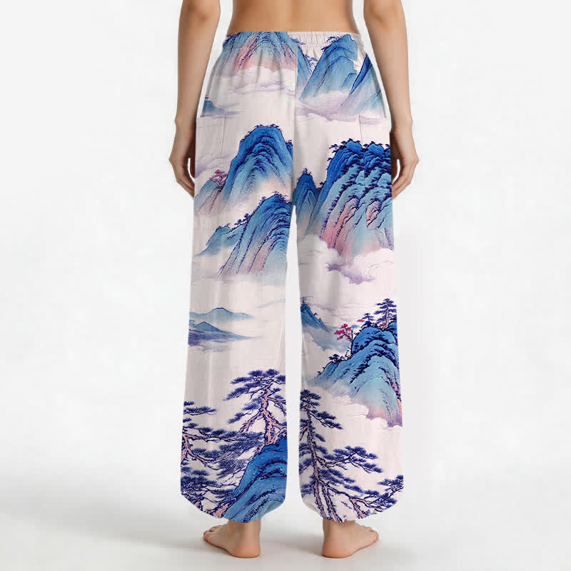 Buddha Stones Pantaloni harem da donna in cotone con elastico in vita e motivo paesaggistico di pini e montagne, con tasche laterali. - image 12