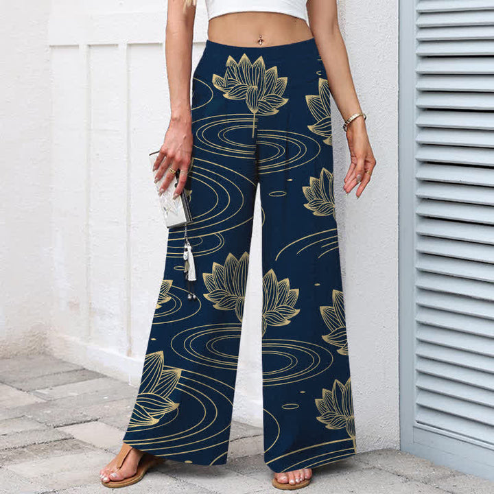 Buddha Stones Pantaloni da donna a gamba larga con elastico in vita e tasche, in cotone e lino, con motivo a onde di loto. - image 1