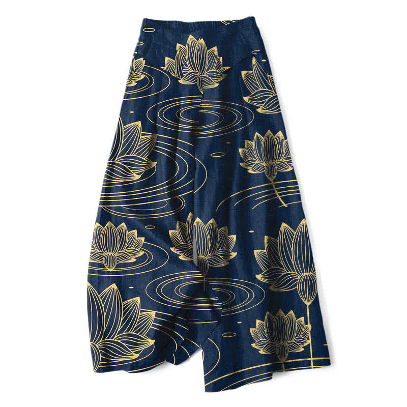 Buddha Stones Pantaloni da donna a gamba larga con elastico in vita e tasche, in cotone e lino, con motivo a onde di loto. - Marina - US16, UK/AU20, EU48 (3XL) - image 0