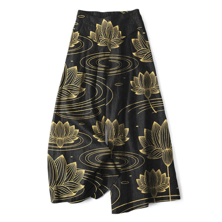 Buddha Stones Pantaloni da donna a gamba larga con elastico in vita e tasche, in cotone e lino, con motivo a onde di loto. - Nero - US16, UK/AU20, EU48 (3XL) - image 4