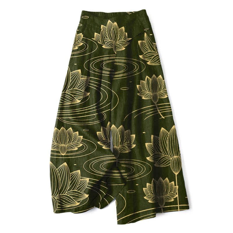 Buddha Stones Pantaloni da donna a gamba larga con elastico in vita e tasche, in cotone e lino, con motivo a onde di loto. - Verde oliva scuro - US16, UK/AU20, EU48 (3XL) - image 6
