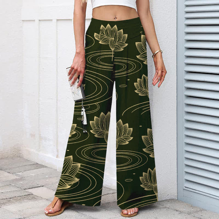 Buddha Stones Pantaloni da donna a gamba larga con elastico in vita e tasche, in cotone e lino, con motivo a onde di loto. - image 7