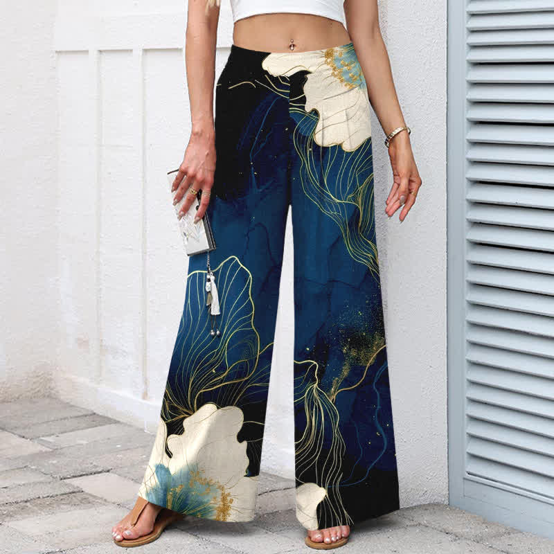 Buddha Stones Pantaloni da donna a gamba larga con elastico in vita e tasche, in cotone e lino, con fantasia floreale bianca. - image 5