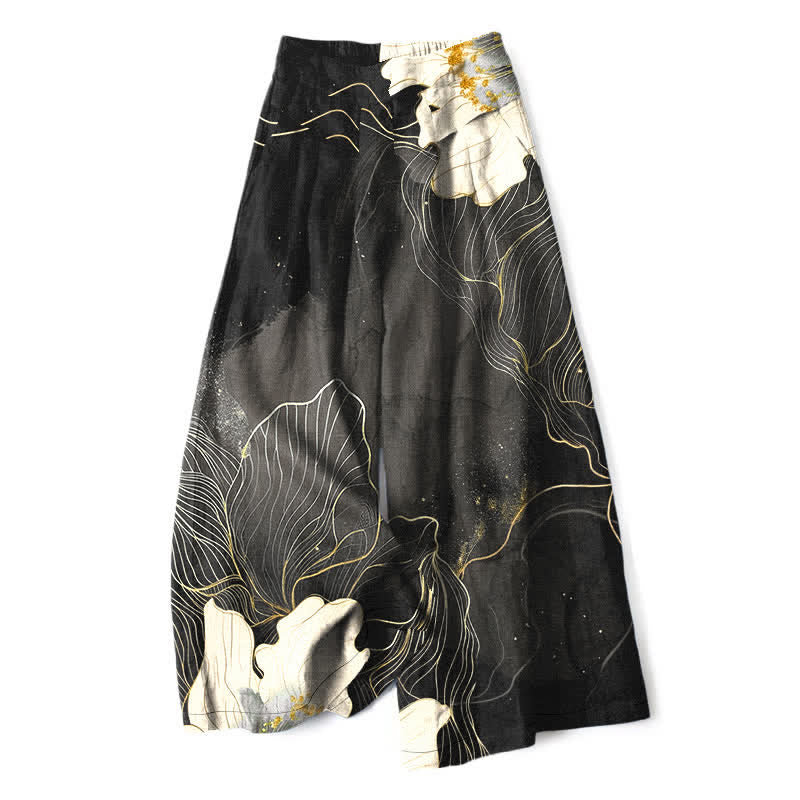 Buddha Stones Pantaloni da donna a gamba larga con elastico in vita e tasche, in cotone e lino, con fantasia floreale bianca. - Nero - US16, UK/AU20, EU48 (3XL) - image 6